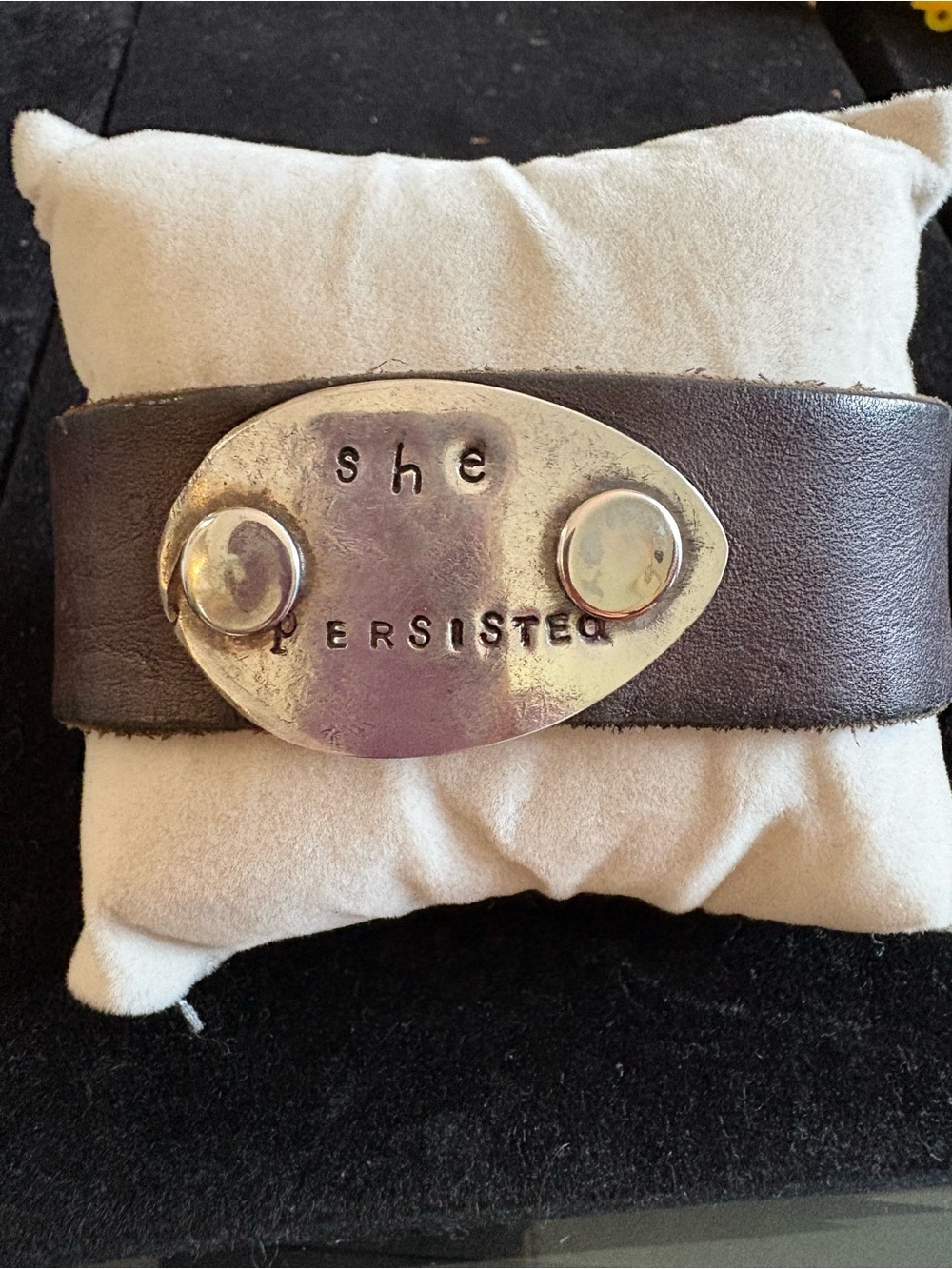 She Persisted Motivational Brown Leather Bracelet with Silver Plate (GUC)